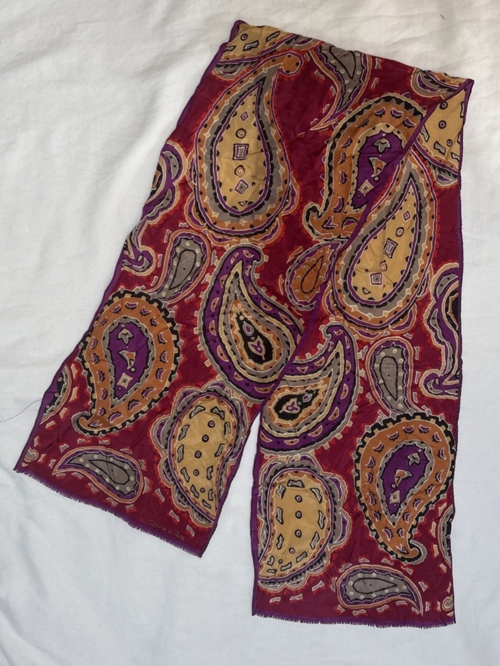 Vintage FLAW OSCAR DE LA RENTA Paisley Silk Rectangular Scarf Fringe Sheer